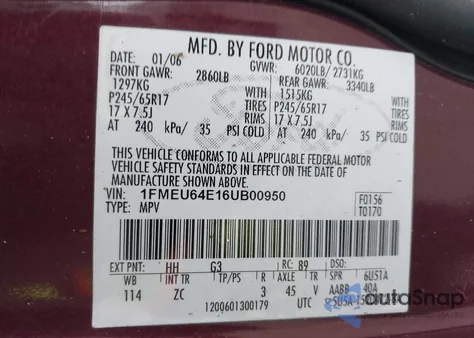2006 Ford Explorer from USA, damaged, VIN 1FMEU64E16HUB0095